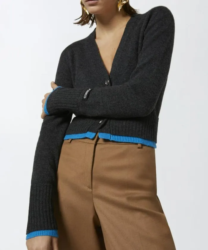 Women Knitwear Pinko Cashmere Wool Cropped Cardigan With Contrasts Greyturquoise Women Knitwear Pinko Cashmere Wool Cropped Cardigan With Contrasts Greyturquoise
