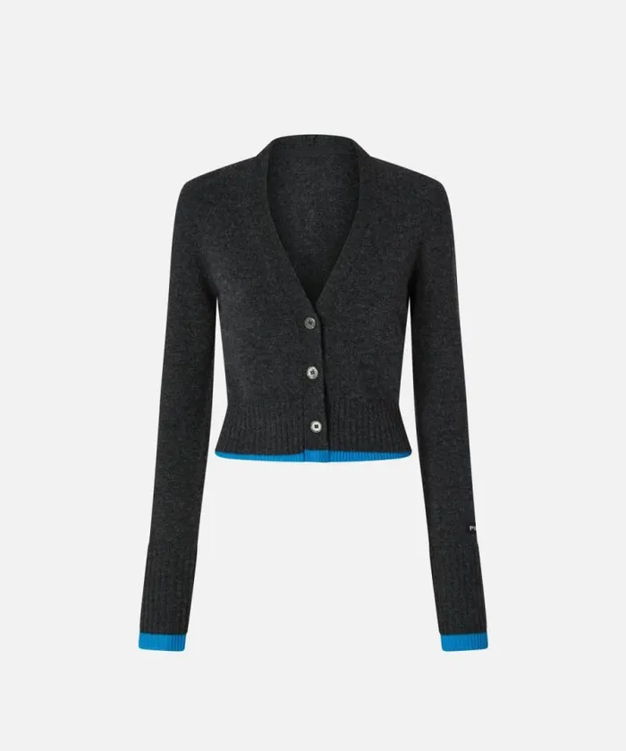 Women Knitwear Pinko Cashmere Wool Cropped Cardigan With Contrasts Greyturquoise Women Knitwear Pinko Cashmere Wool Cropped Cardigan With Contrasts Greyturquoise