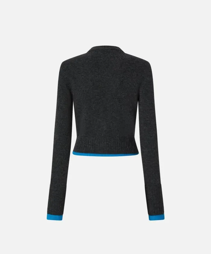 Women Knitwear Pinko Cashmere Wool Cropped Cardigan With Contrasts Greyturquoise Women Knitwear Pinko Cashmere Wool Cropped Cardigan With Contrasts Greyturquoise