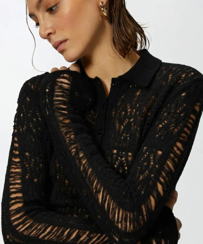 Women Knitwear Pinko Longsleeved Laceeffect Poloshirt Limo Black Women Knitwear Pinko Longsleeved Laceeffect Poloshirt Limo Black
