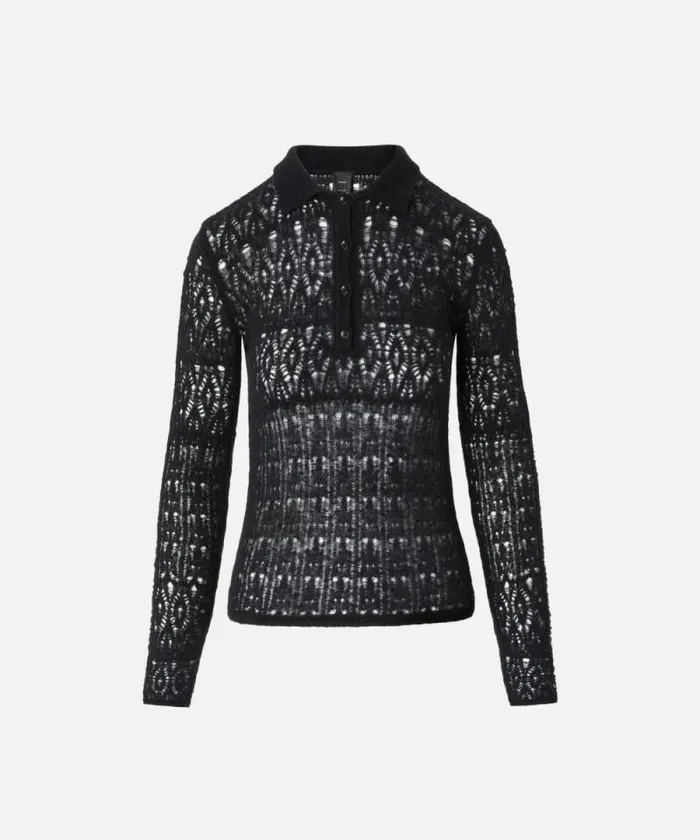 Women Knitwear Pinko Longsleeved Laceeffect Poloshirt Limo Black Women Knitwear Pinko Longsleeved Laceeffect Poloshirt Limo Black