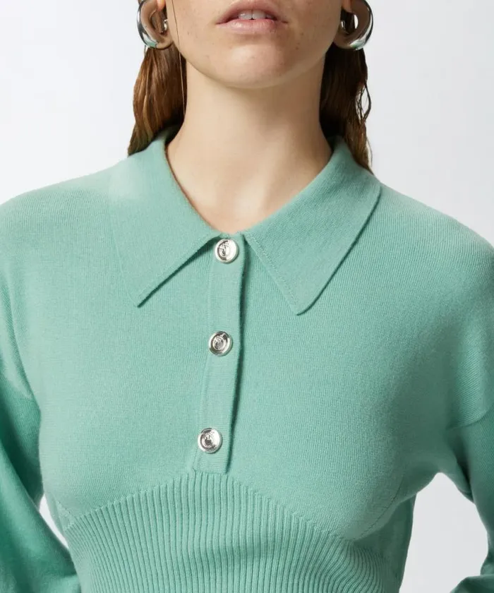 Women Knitwear Pinko Longsleeved Ribbed Polo Sweater Feldspar Women Knitwear Pinko Longsleeved Ribbed Polo Sweater Feldspar
