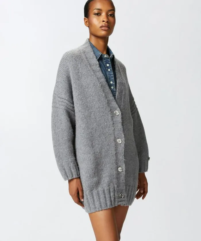 Women Knitwear Pinko Oversized Vneck Cardigan With Buttons Metallic Silver