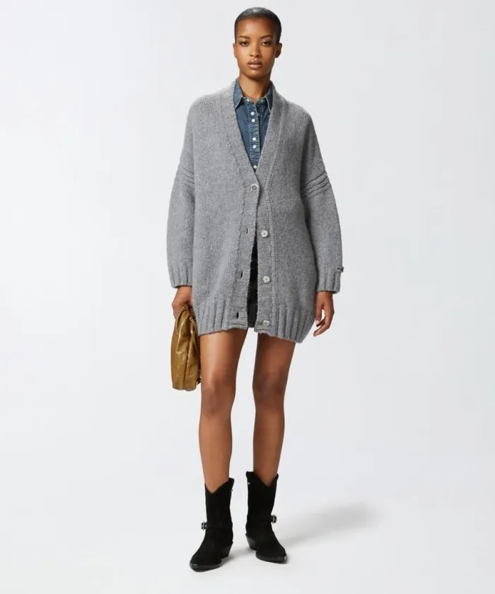 Women Knitwear Pinko Oversized Vneck Cardigan With Buttons Metallic Silver Women Knitwear Pinko Oversized Vneck Cardigan With Buttons Metallic Silver