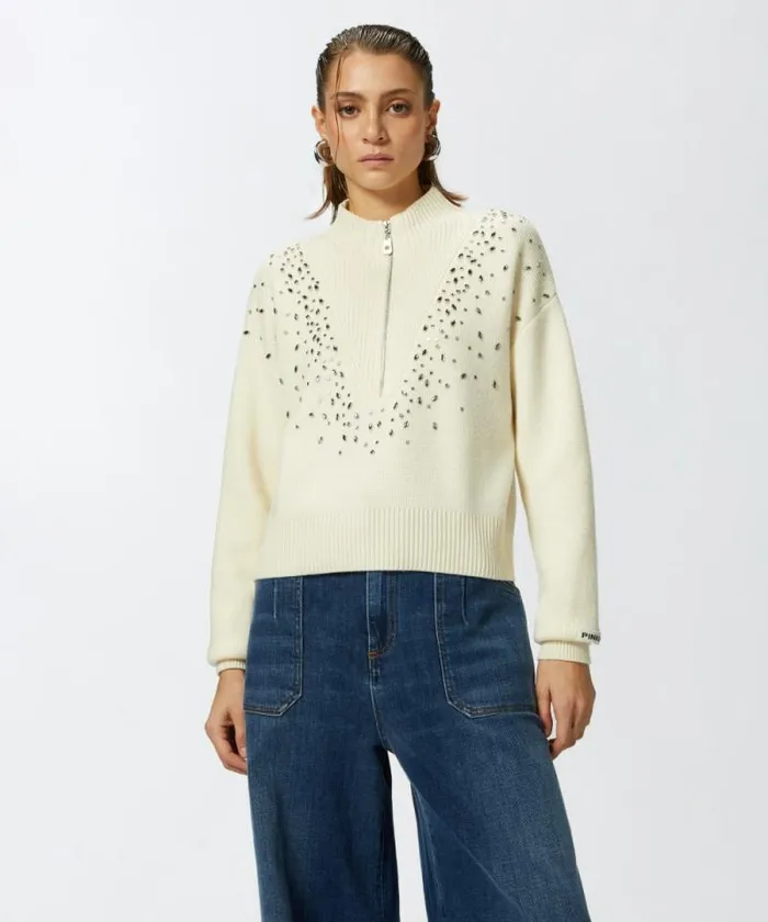 Women Knitwear Pinko Pullover With Zip And Crystals At The Front Meringue White Women Knitwear Pinko Pullover With Zip And Crystals At The Front Meringue White