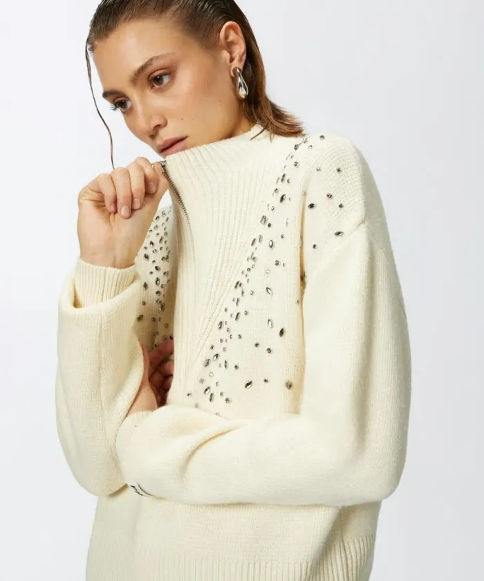 Women Knitwear Pinko Pullover With Zip And Crystals At The Front Meringue White Women Knitwear Pinko Pullover With Zip And Crystals At The Front Meringue White
