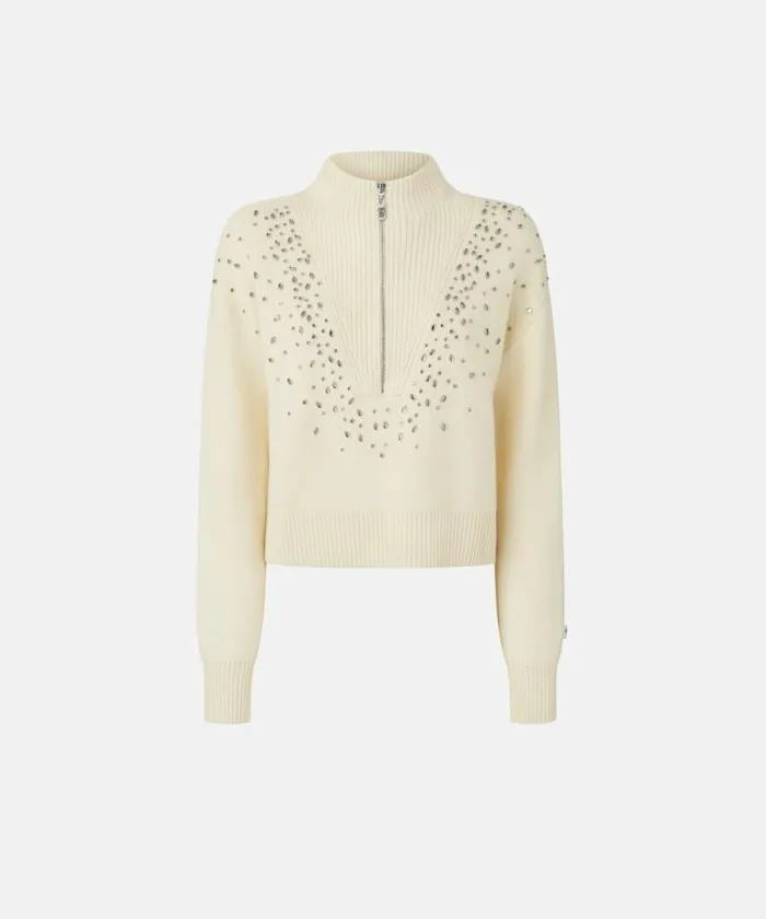 Women Knitwear Pinko Pullover With Zip And Crystals At The Front Meringue White Women Knitwear Pinko Pullover With Zip And Crystals At The Front Meringue White