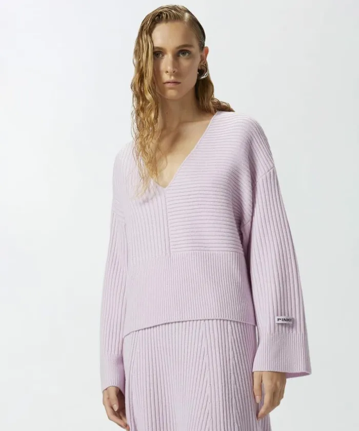Women Knitwear Pinko Wool And Cashmere Vneck Ribbed Sweater Lilacseductive Orchid Women Knitwear Pinko Wool And Cashmere Vneck Ribbed Sweater Lilacseductive Orchid