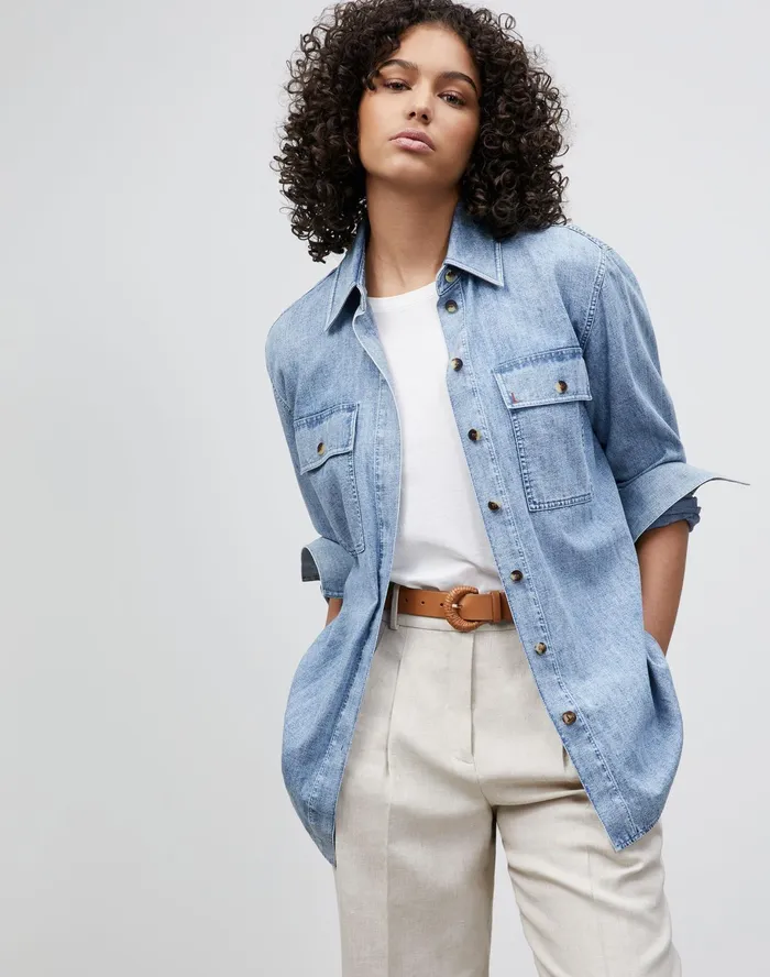 Women Lafayette 148 New York Blouses and Shirts Ezra Shirt Jacket In Italian KindCotton Chambray Stonewash Blue Women Lafayette 148 New York Blouses and Shirts Ezra Shirt Jacket In Italian KindCotton Chambray Stonewash Blue