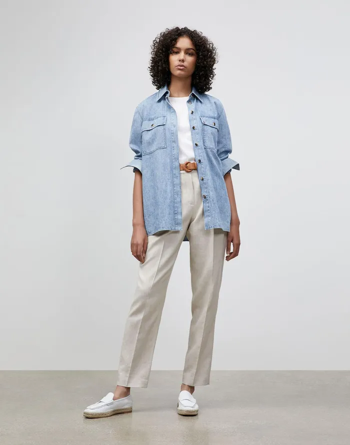 Women Lafayette 148 New York Blouses and Shirts Ezra Shirt Jacket In Italian KindCotton Chambray Stonewash Blue