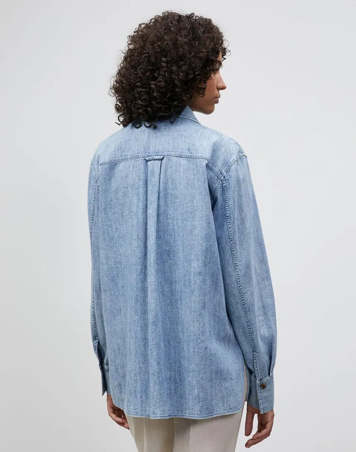 Women Lafayette 148 New York Blouses and Shirts Ezra Shirt Jacket In Italian KindCotton Chambray Stonewash Blue
