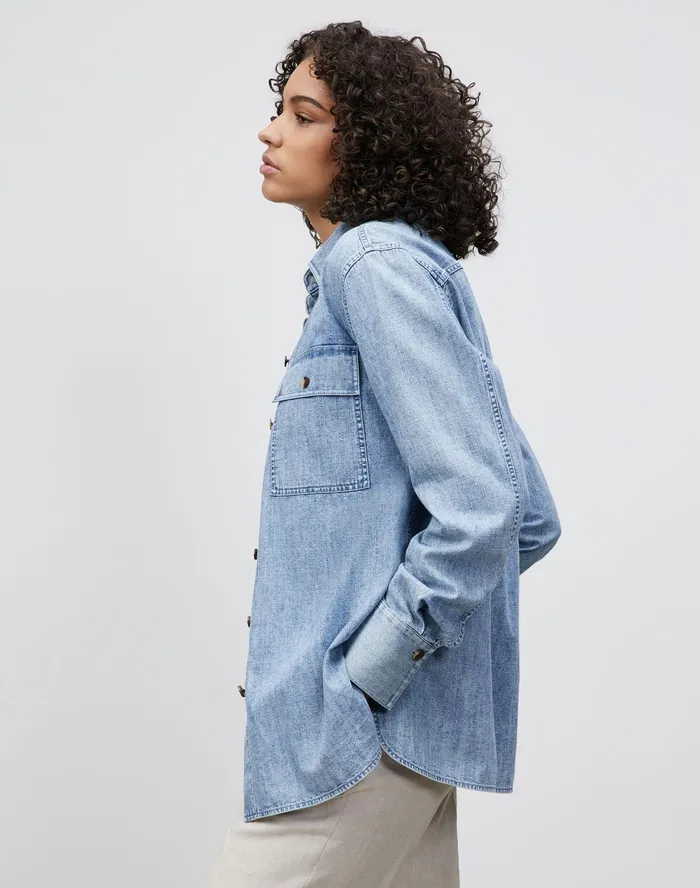 Women Lafayette 148 New York Blouses and Shirts Ezra Shirt Jacket In Italian KindCotton Chambray Stonewash Blue