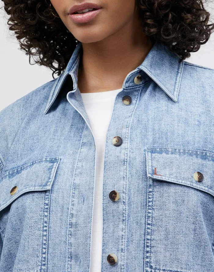 Women Lafayette 148 New York Blouses and Shirts Ezra Shirt Jacket In Italian KindCotton Chambray Stonewash Blue