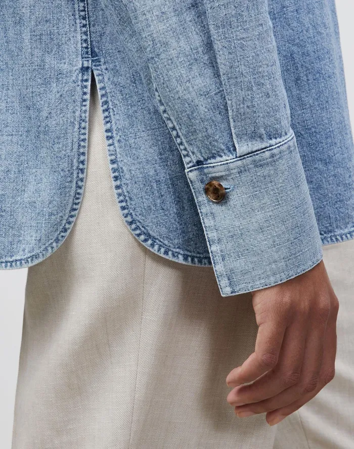 Women Lafayette 148 New York Blouses and Shirts Ezra Shirt Jacket In Italian KindCotton Chambray Stonewash Blue
