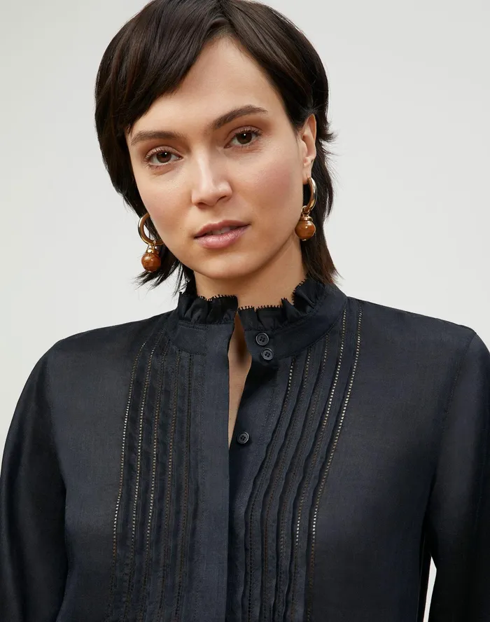 Women Lafayette 148 New York Blouses and Shirts Petite Raines Blouse In Gemma Cloth Black