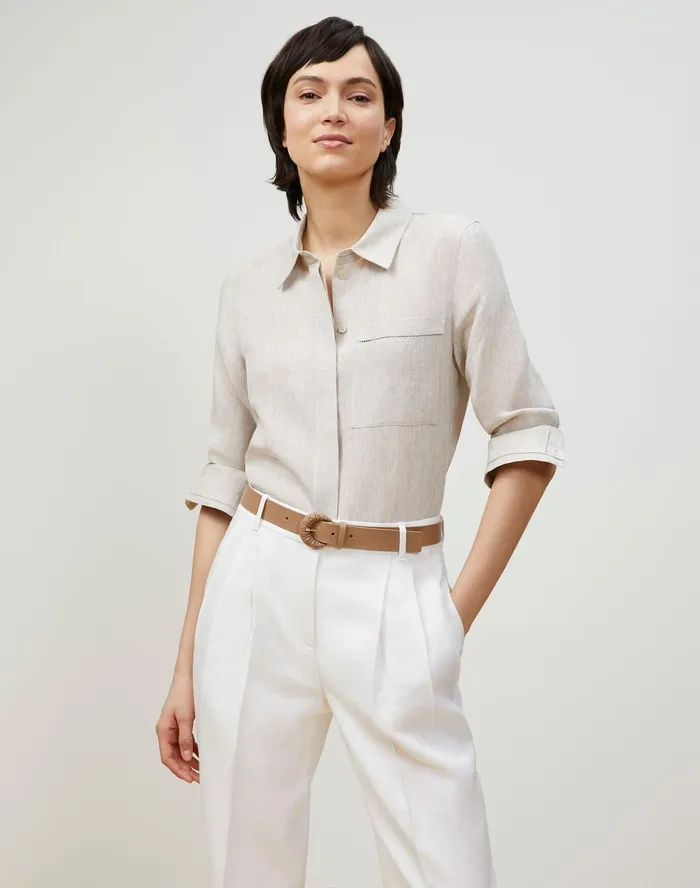 Women Lafayette 148 New York Blouses and Shirts Petite Ruxton Shirt In Illustrious Linen Pumice Melange Women Lafayette 148 New York Blouses and Shirts Petite Ruxton Shirt In Illustrious Linen Pumice Melange