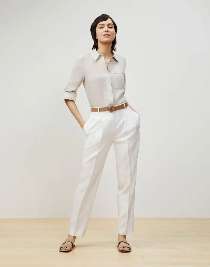 Women Lafayette 148 New York Blouses and Shirts Petite Ruxton Shirt In Illustrious Linen Pumice Melange