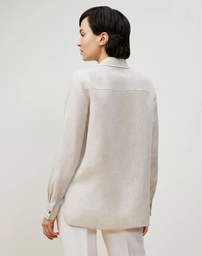 Women Lafayette 148 New York Blouses and Shirts Petite Ruxton Shirt In Illustrious Linen Pumice Melange