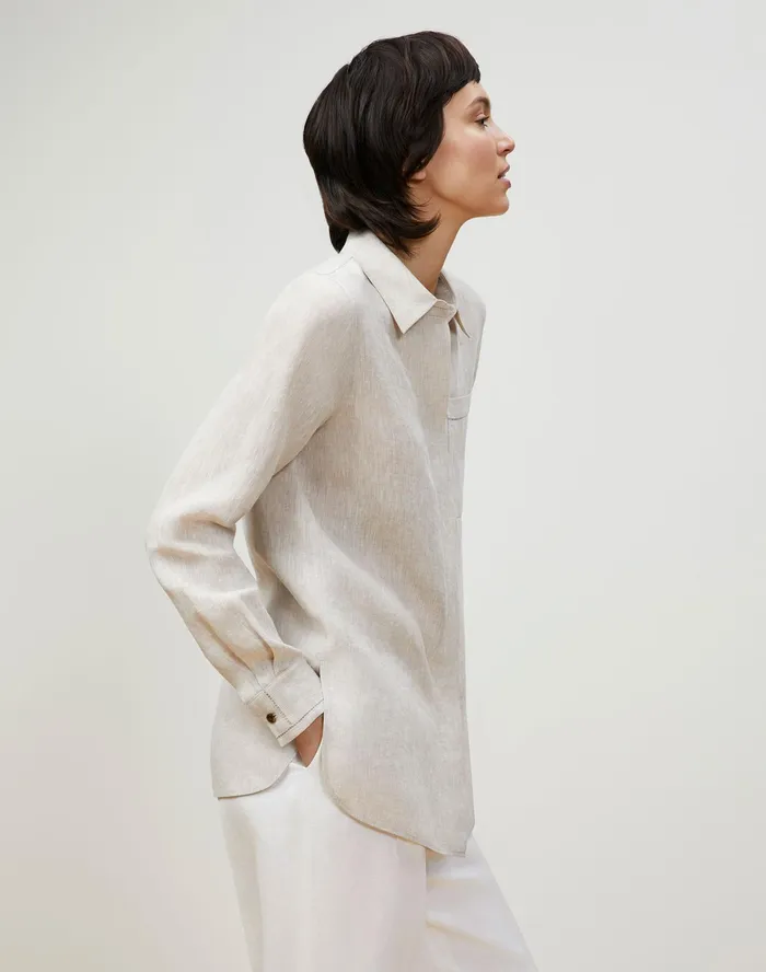 Women Lafayette 148 New York Blouses and Shirts Petite Ruxton Shirt In Illustrious Linen Pumice Melange
