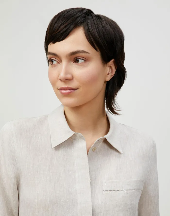 Women Lafayette 148 New York Blouses and Shirts Petite Ruxton Shirt In Illustrious Linen Pumice Melange