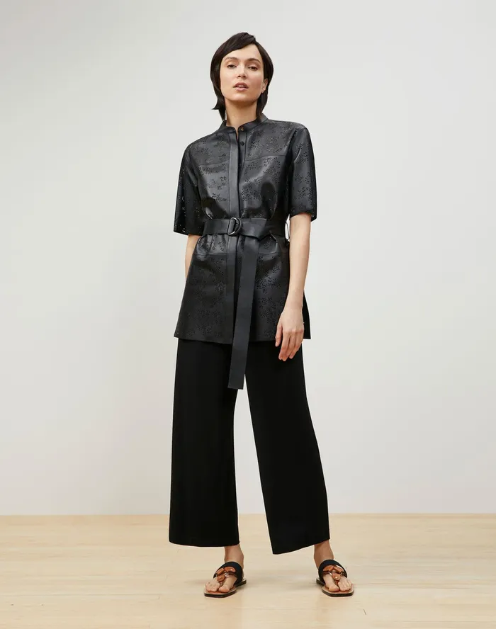 Women Lafayette 148 New York Blouses and Shirts PlusSize Alyse Blouse In Petal Eyelet Italian Tuffato Lambskin Black