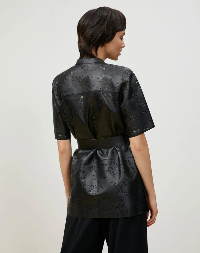 Women Lafayette 148 New York Blouses and Shirts PlusSize Alyse Blouse In Petal Eyelet Italian Tuffato Lambskin Black