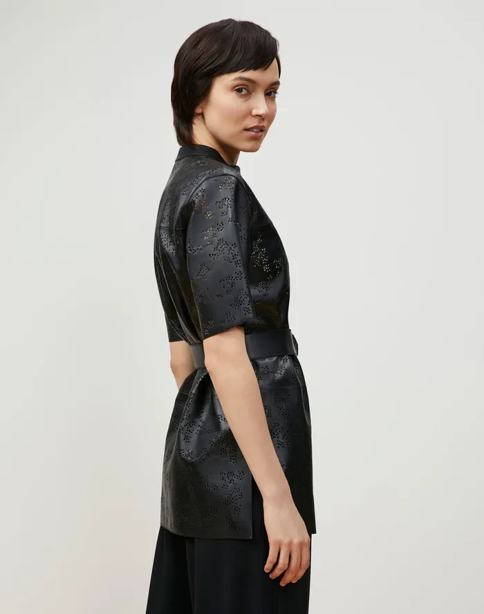 Women Lafayette 148 New York Blouses and Shirts PlusSize Alyse Blouse In Petal Eyelet Italian Tuffato Lambskin Black
