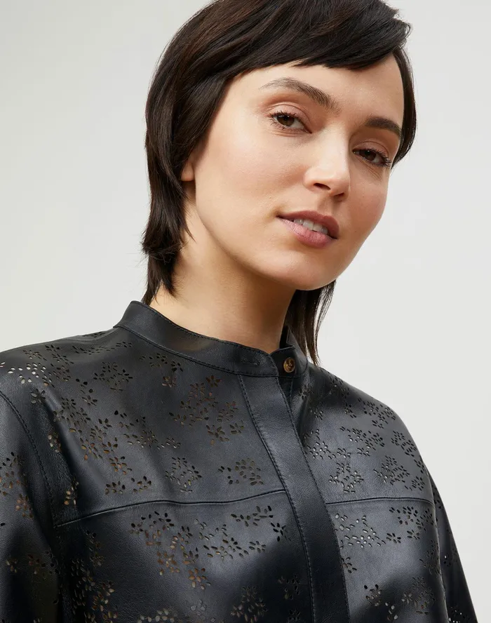 Women Lafayette 148 New York Blouses and Shirts PlusSize Alyse Blouse In Petal Eyelet Italian Tuffato Lambskin Black