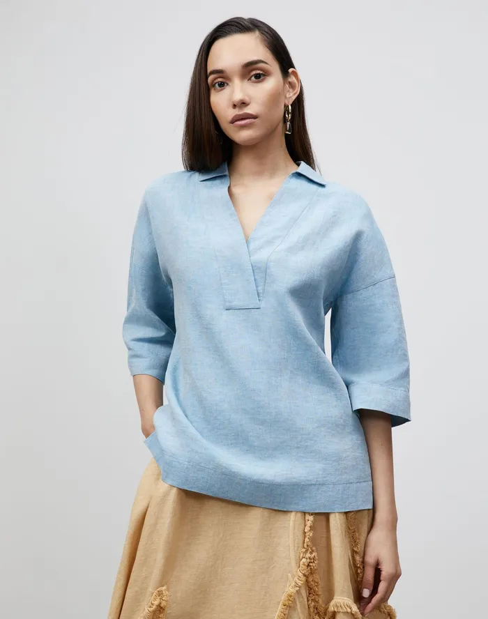 Women Lafayette 148 New York Blouses and Shirts PlusSize Pippen Blouse In Illustrious Linen Fresh Blue Melange Women Lafayette 148 New York Blouses and Shirts PlusSize Pippen Blouse In Illustrious Linen Fresh Blue Melange