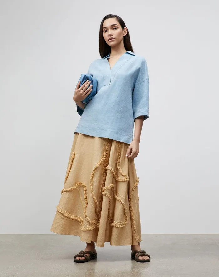 Women Lafayette 148 New York Blouses and Shirts PlusSize Pippen Blouse In Illustrious Linen Fresh Blue Melange
