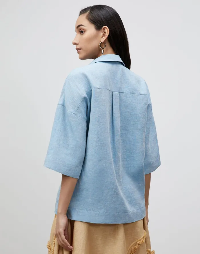 Women Lafayette 148 New York Blouses and Shirts PlusSize Pippen Blouse In Illustrious Linen Fresh Blue Melange