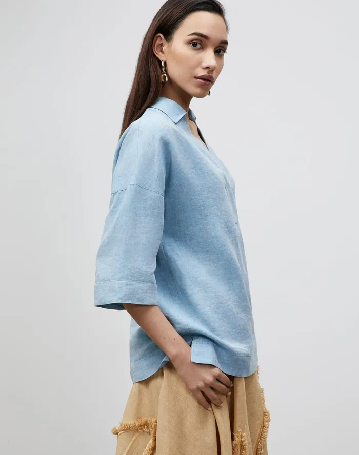 Women Lafayette 148 New York Blouses and Shirts PlusSize Pippen Blouse In Illustrious Linen Fresh Blue Melange