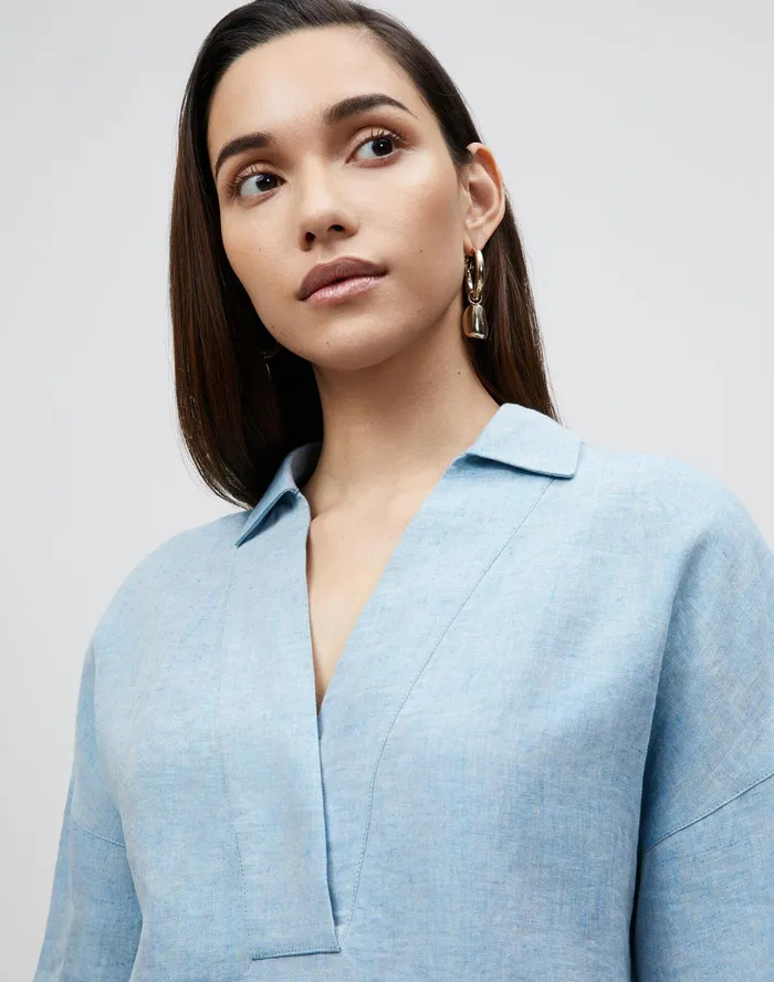 Women Lafayette 148 New York Blouses and Shirts PlusSize Pippen Blouse In Illustrious Linen Fresh Blue Melange