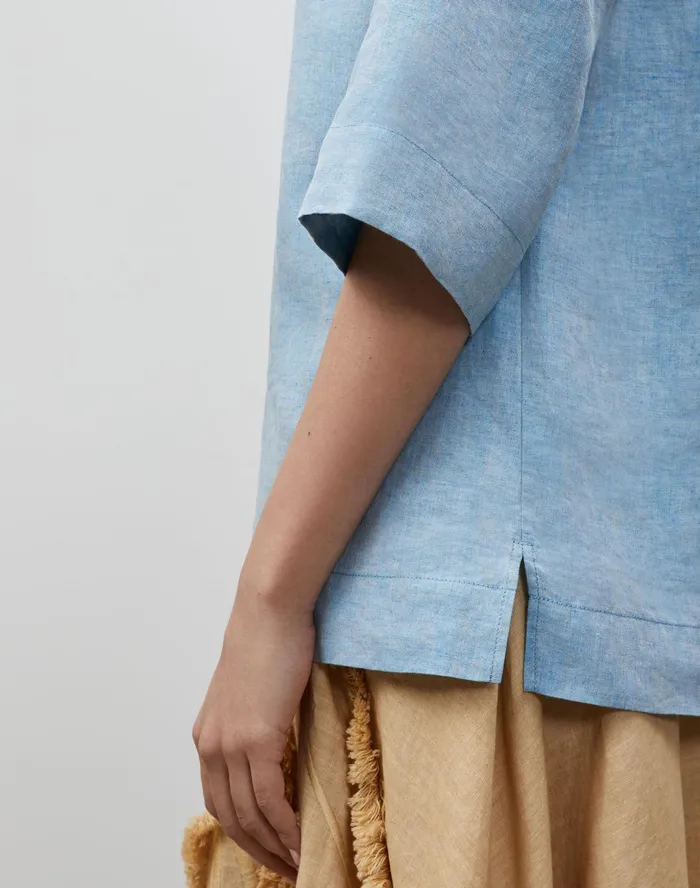 Women Lafayette 148 New York Blouses and Shirts PlusSize Pippen Blouse In Illustrious Linen Fresh Blue Melange