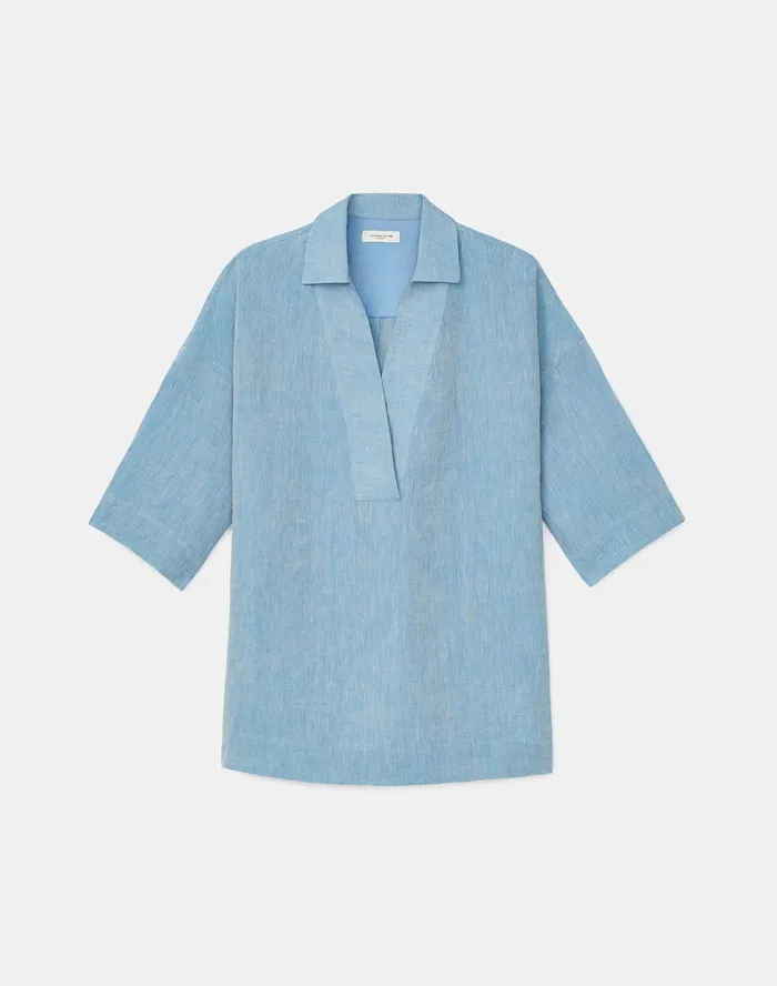 Women Lafayette 148 New York Blouses and Shirts PlusSize Pippen Blouse In Illustrious Linen Fresh Blue Melange