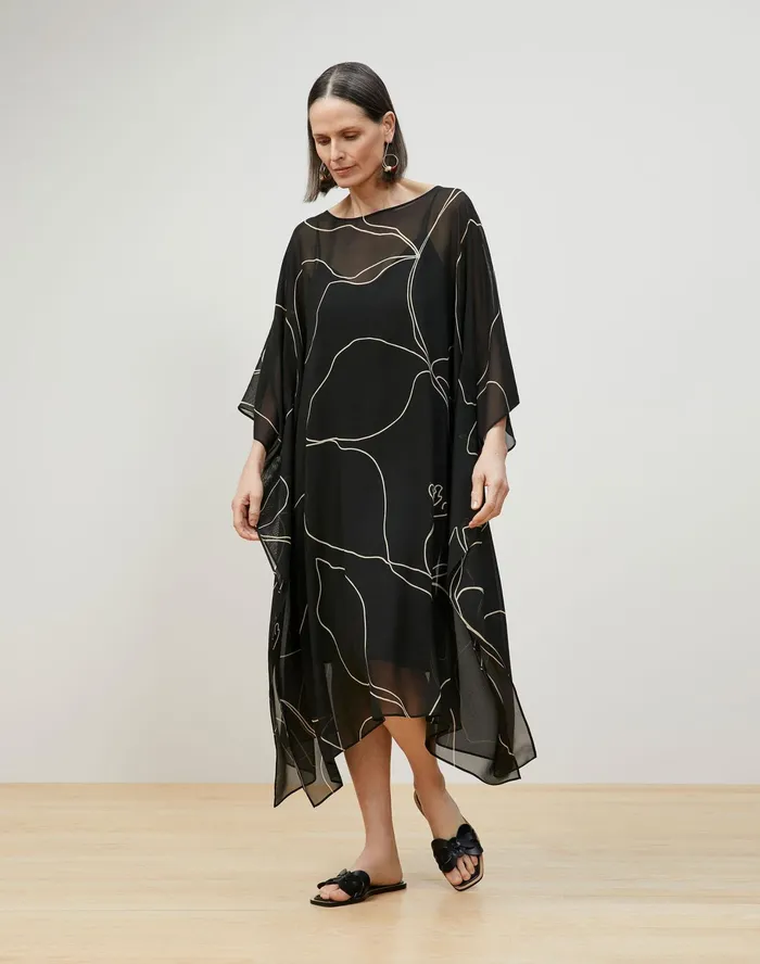 Women Lafayette 148 New York Dresses Maeve Kaftan In Winding Leaf Print Silk Georgette Black Multi