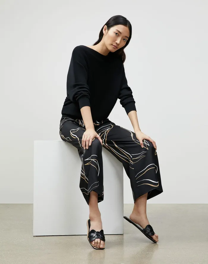 Women Lafayette 148 New York Sweaters Cotton Silk Ribbed Asymmetric Sweater Black