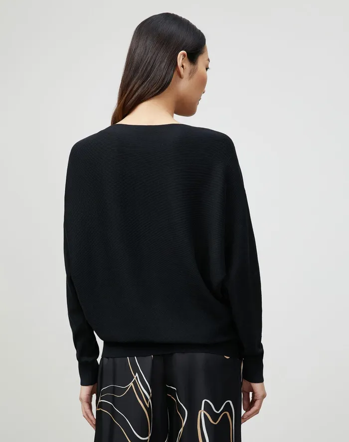 Women Lafayette 148 New York Sweaters Cotton Silk Ribbed Asymmetric Sweater Black