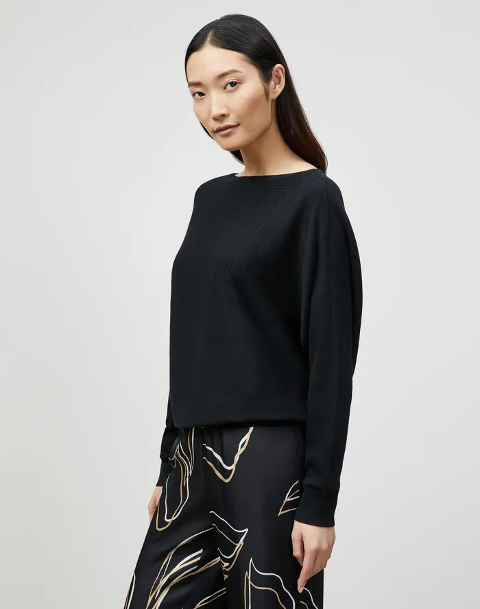Women Lafayette 148 New York Sweaters Cotton Silk Ribbed Asymmetric Sweater Black