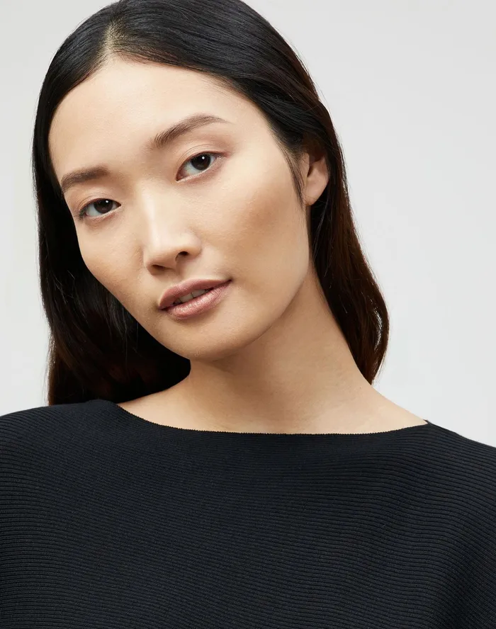 Women Lafayette 148 New York Sweaters Cotton Silk Ribbed Asymmetric Sweater Black