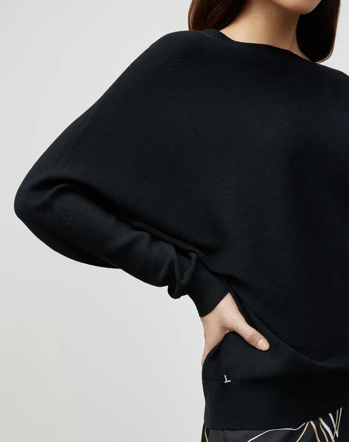 Women Lafayette 148 New York Sweaters Cotton Silk Ribbed Asymmetric Sweater Black