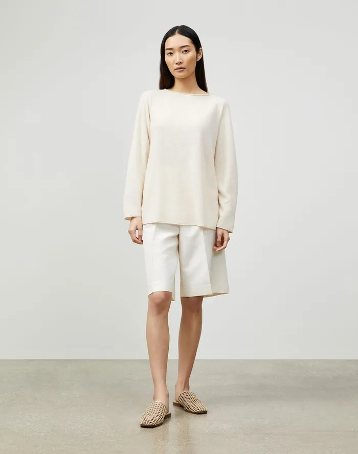 Women Lafayette 148 New York Sweaters KindCashmere Textured Stitch Bateau Neck Sweater Creme Fraiche Melange