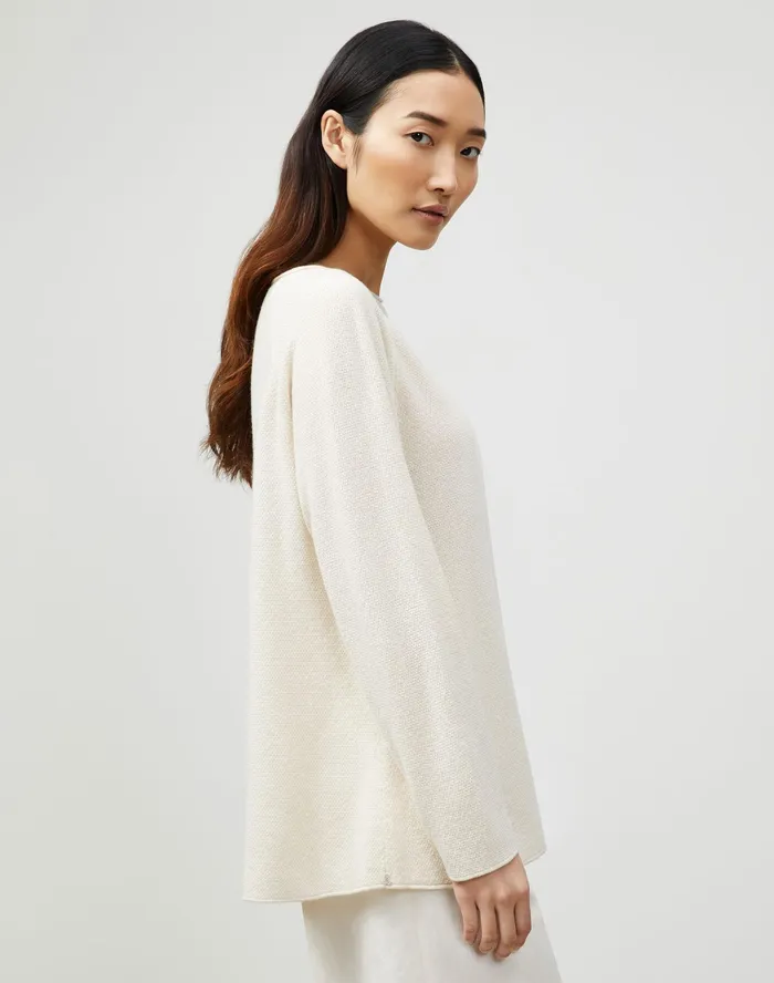 Women Lafayette 148 New York Sweaters KindCashmere Textured Stitch Bateau Neck Sweater Creme Fraiche Melange