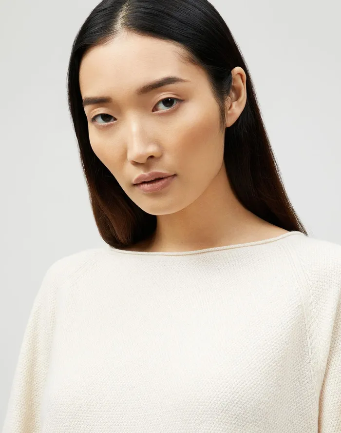 Women Lafayette 148 New York Sweaters KindCashmere Textured Stitch Bateau Neck Sweater Creme Fraiche Melange