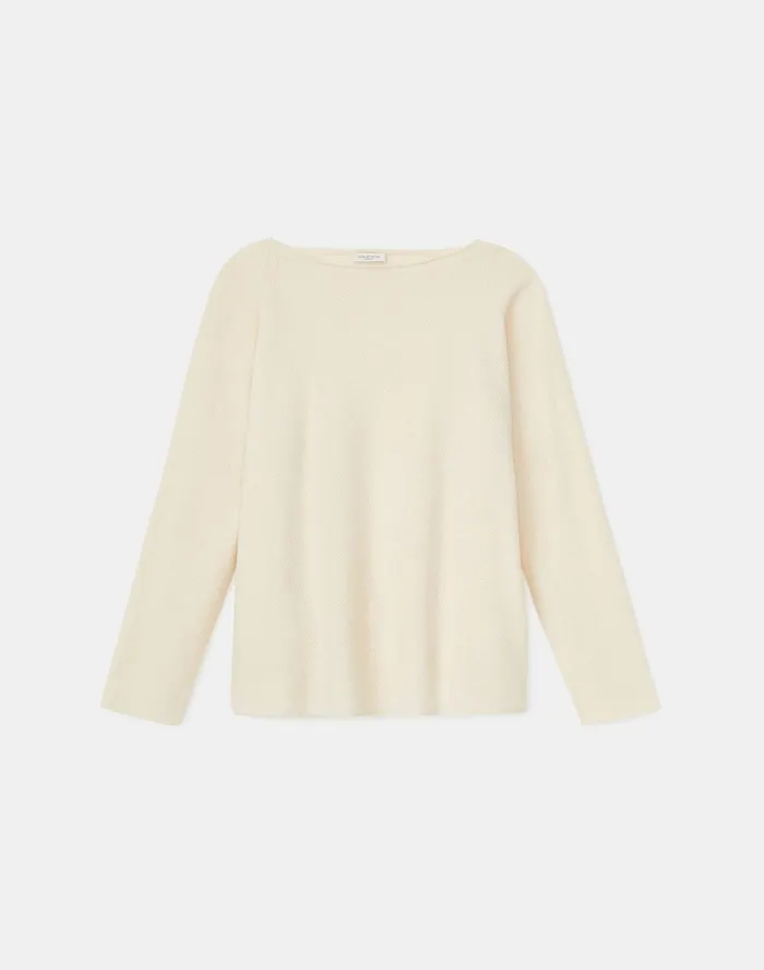 Women Lafayette 148 New York Sweaters KindCashmere Textured Stitch Bateau Neck Sweater Creme Fraiche Melange