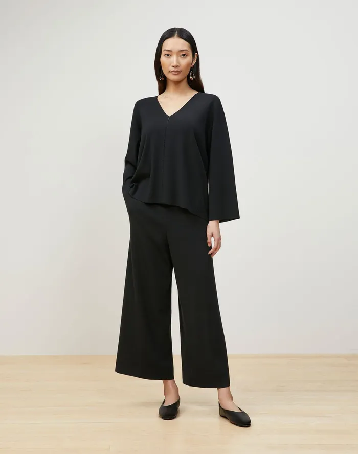 Women Lafayette 148 New York Sweaters Matte Crepe Knit WideLeg Pant Black