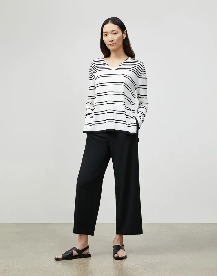 Women Lafayette 148 New York Sweaters PlusSize Matte Crepe Striped VNeck Sweater Black Multi
