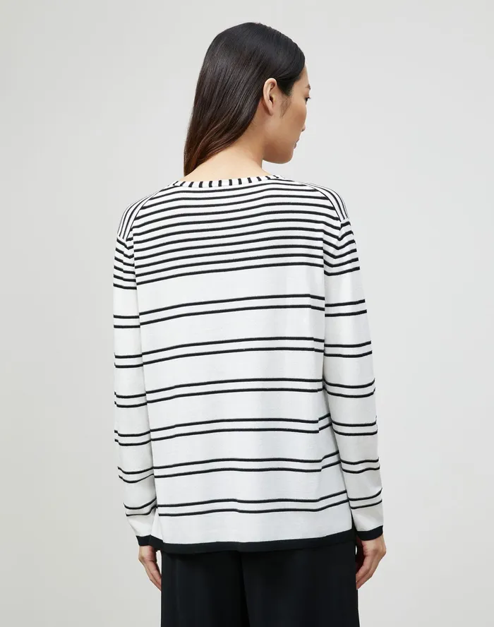 Women Lafayette 148 New York Sweaters PlusSize Matte Crepe Striped VNeck Sweater Black Multi