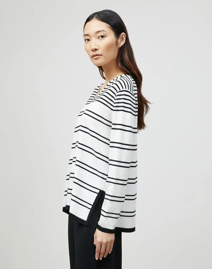 Women Lafayette 148 New York Sweaters PlusSize Matte Crepe Striped VNeck Sweater Black Multi