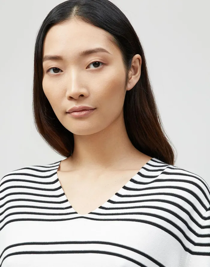 Women Lafayette 148 New York Sweaters PlusSize Matte Crepe Striped VNeck Sweater Black Multi